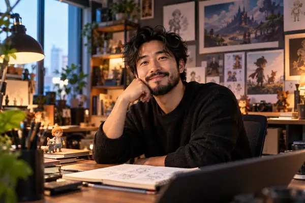 Porträt von David Kim, einem bärtigen Vater und Designer in einem kreativen Arbeitsbereich.