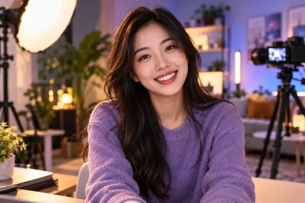 Porträt von Sarah Chen, einer lächelnden Content-Erstellerin in einem sanft beleuchteten Studio.
