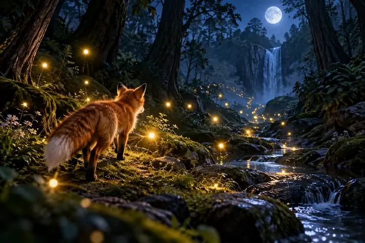 Ein neugieriger Fuchs folgt leuchtenden Glühwürmchen durch einen stillen, verzauberten Wald bei Nacht.