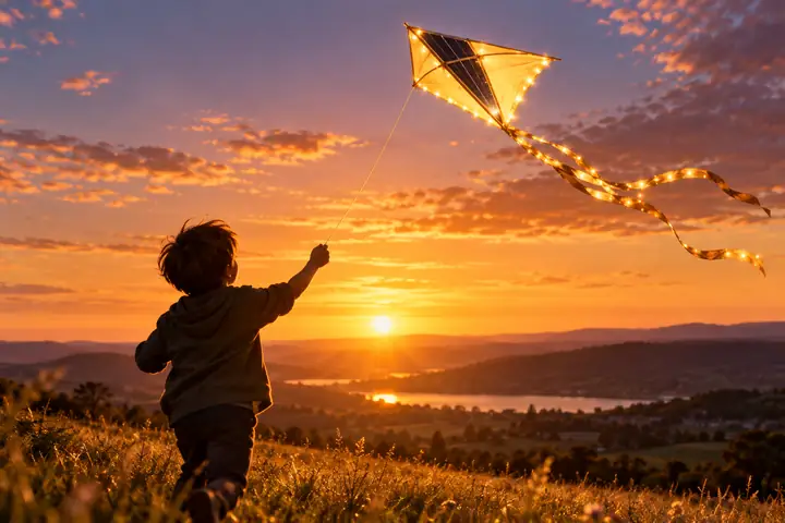 Ein junger Erfinder lässt bei Sonnenuntergang einen leuchtenden, solarbetriebenen Drachen über ein helles, weites Feld steigen.