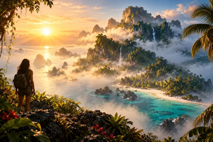 Eine verborgene tropische Insel taucht durch den morgendlichen Nebel auf, während goldenes Sonnenlicht das Ufer erreicht.