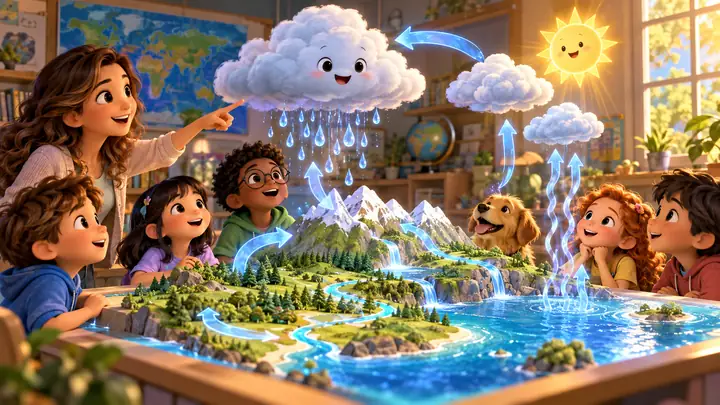 Bunte, freundliche Figuren lernen in einem animierten Klassenzimmer etwas über Wolken, Regen, Flüsse und den Wasserkreislauf.
