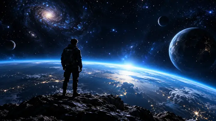 Ein Weltraum-Hintergrund mit winzigen Sternen und einem leuchtend blauen Horizont.