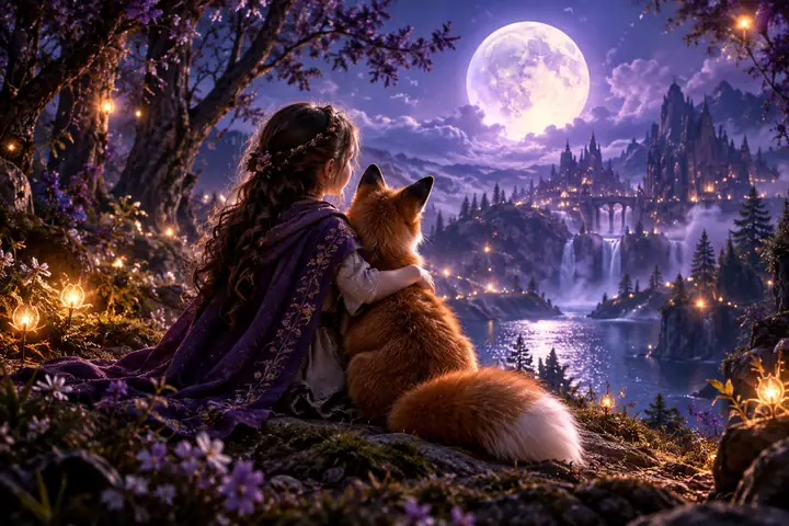 Eine junge Geschichtenerzählerin, die einen Fuchs in einem leuchtenden, mondbeschienenen Wald umarmt – cineastische Fantasy-Bildkomposition mit sanftem violettem Licht.