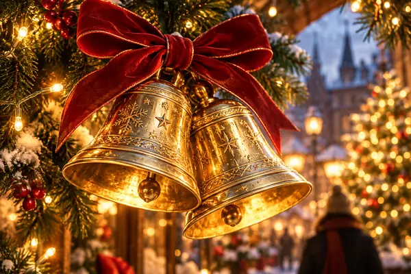 Schimmernde goldene Glöckchen, die in einer festlichen Filmnahaufnahme mit einer roten Samtschleife zusammengebunden sind.