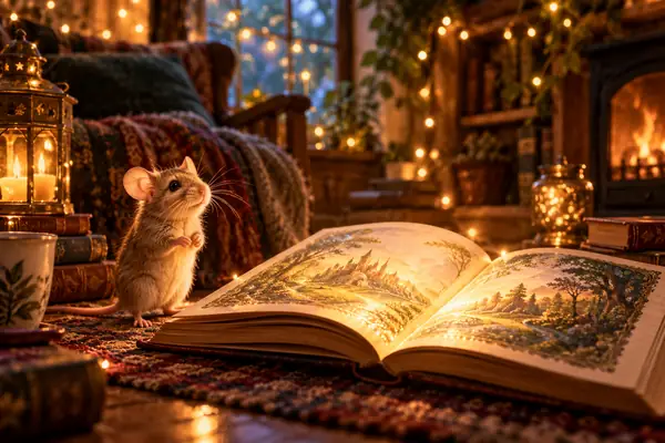 Eine winzige Maus steht neben einem aufgeschlagenen Märchenbuch in einem warm beleuchteten Raum mit leuchtenden Lichterketten.
