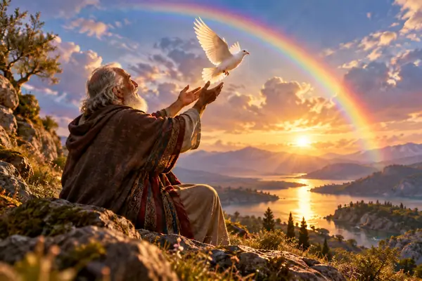 Ein älterer Geschichtenerzähler lässt in einer ruhigen, malerischen Szene unter einem leuchtenden Regenbogen eine weiße Taube frei.