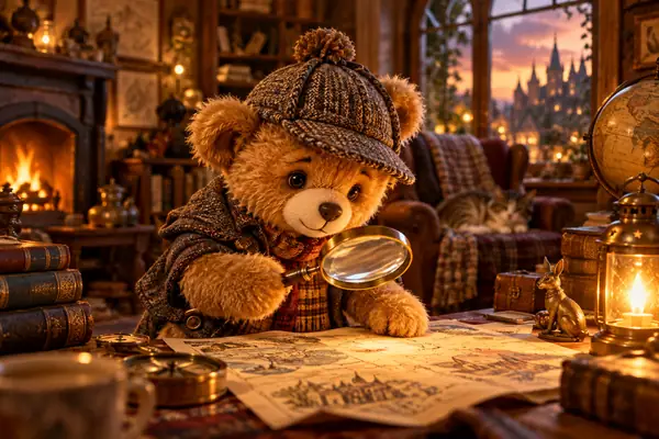 Ein kleiner Teddybär-Detektiv mit gestrickter Mütze hält in einem warm beleuchteten Märchenbuchzimmer eine Lupe.