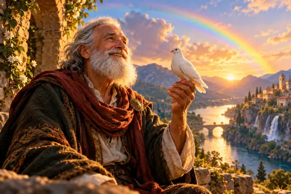 Porträt eines älteren Geschichtenerzählers, der unter einem leuchtend bunten Regenbogen eine weiße Taube hält, gemalt in warmem filmischem Licht.